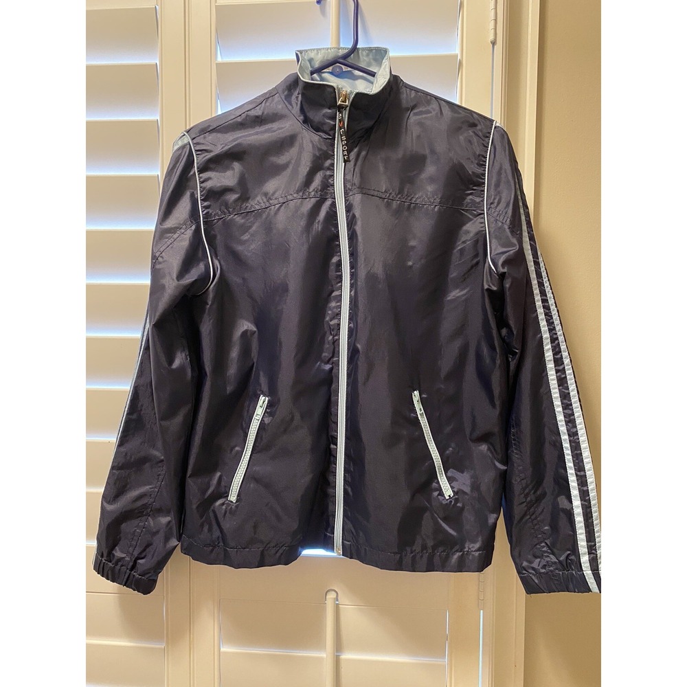 Women's EVR Sport Windbreaker Blue Striped Sleeves Pockets Size Petite Small